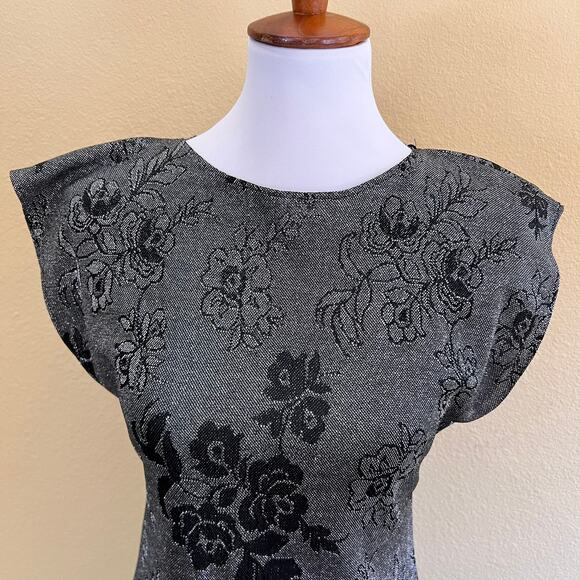 Vintage 90s Black Floral Metallic Bodycon Mini Dress size 9 - Picture 10 of 11